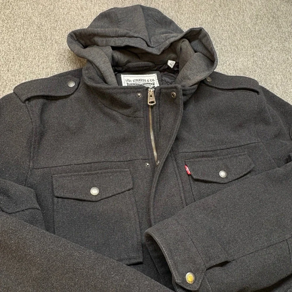 Levis Mens Wool Blend Hooded Field Jacket Charcoal Grey XXL Military Chore‎ Coat